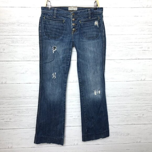 Old Navy Jeans Slim Boot Button Fly Ultra Low Rise Distressed size 8 length 32" - Picture 1 of 9